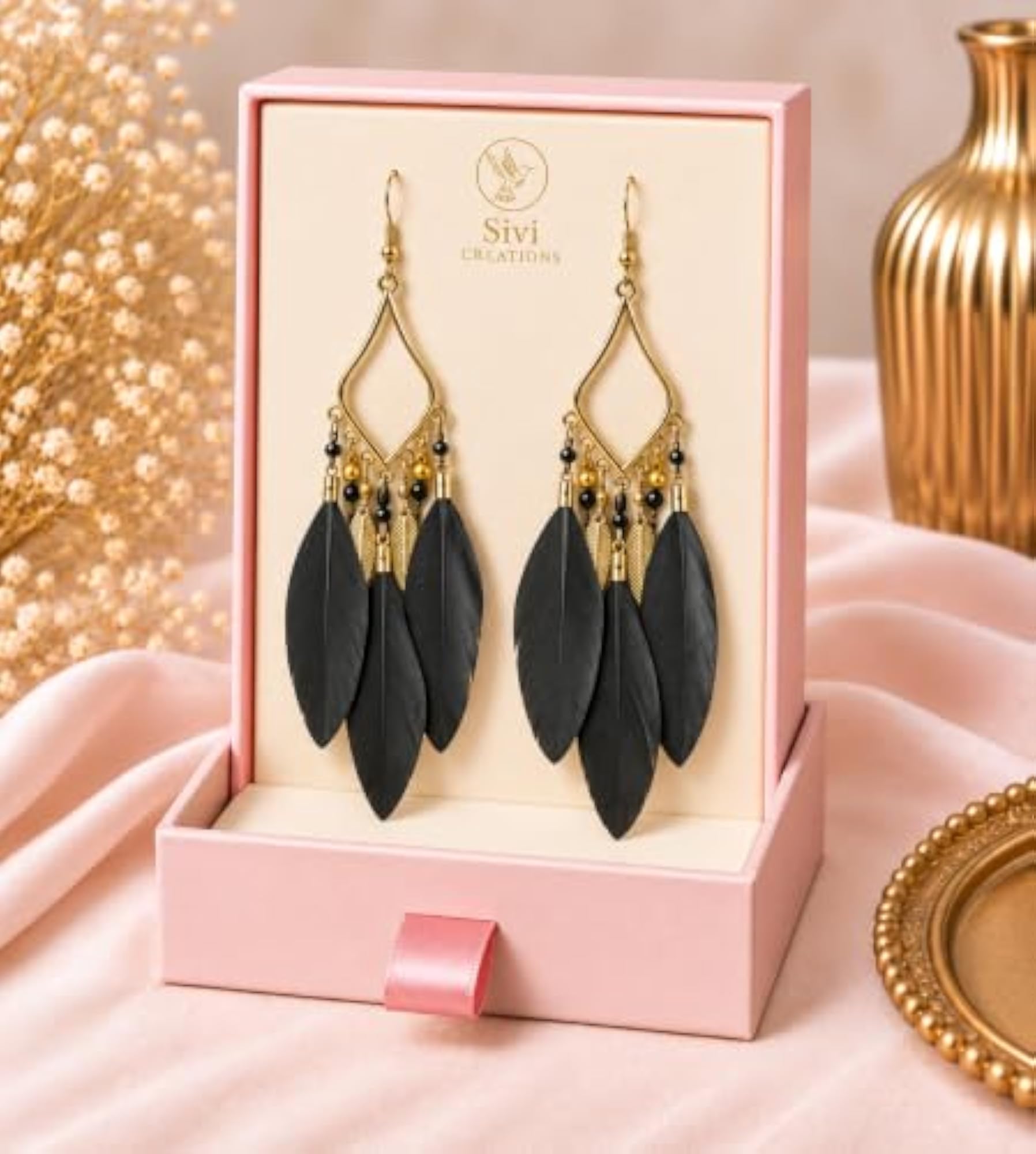 Women's Black Bohemian Feather Tassel Drop Earrings